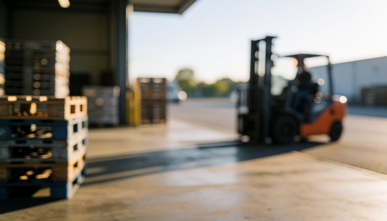 Blurred industrial warehouse background featuring a forklift and pallets in motion with warm sunset lighting, ideal for text overlay