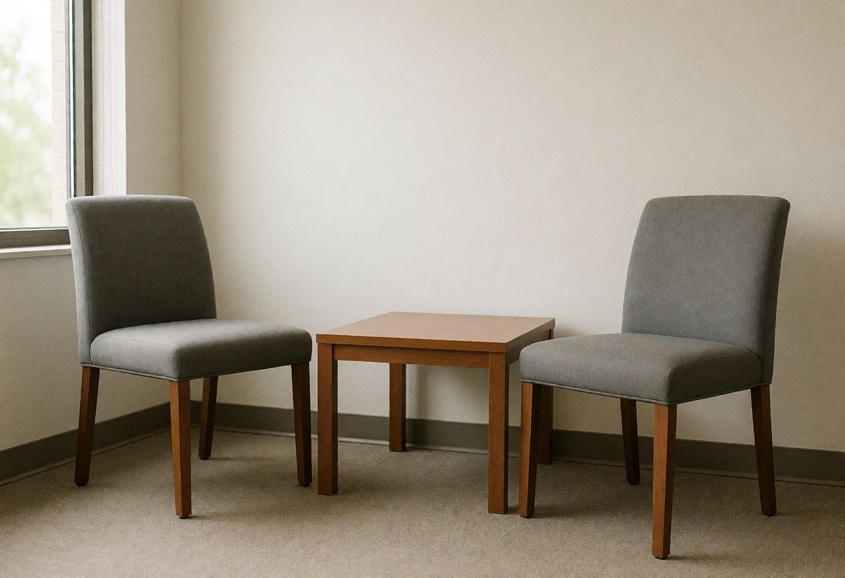 An empty professional interview room featuring a wooden table, chairs, and natural light from a window, suitable for human resources and recruitment contexts