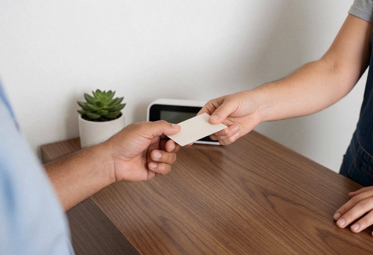 Two people exchange business cards on a wooden desk with a plant and digital clock in the background