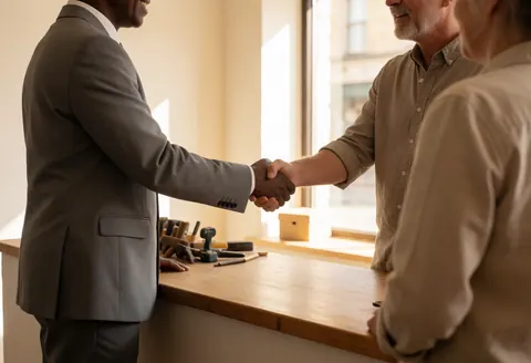 Professional insurance agent shaking hands with a satisfied client in a bright office with wooden tables and natural light