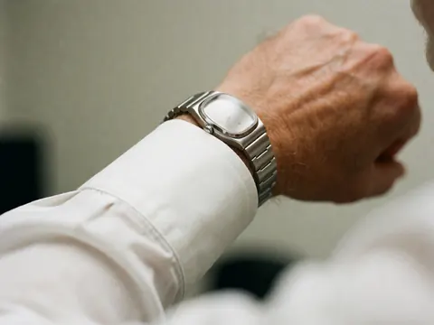 Macro shot of a wrist with a metal watch and white sleeve against a blurred office background, highlighting professionalism and attention to detail.