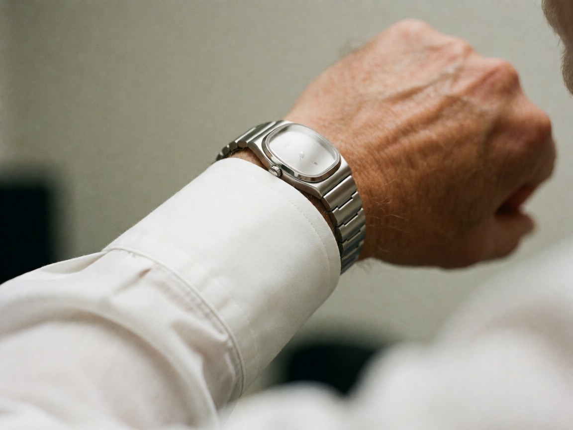Macro shot of a wrist with a metal watch and white sleeve against a blurred office background, highlighting professionalism and attention to detail.