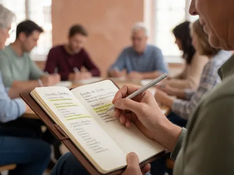 Close-up view of a student writing in a leather notebook during a language class, focusing on grammar and vocabulary study.