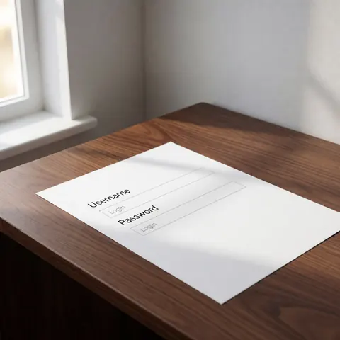 A login form with username and password fields rests on a dark wooden table near a window with natural light, creating a professional educational atmosphere.