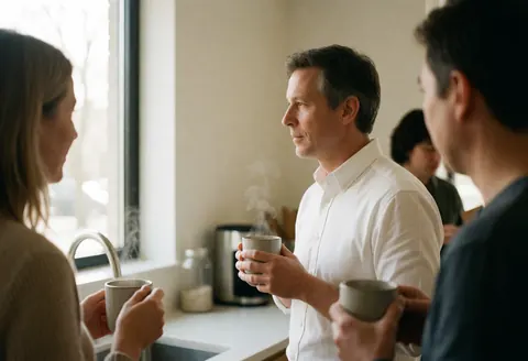 Three professionals chat while drinking coffee in a bright modern office kitchenette with white walls and natural light.