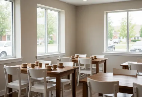 Bright coffee shop interior featuring wooden tables and white chairs, illuminated by natural light from windows, creating a clean and professional atmosphere.