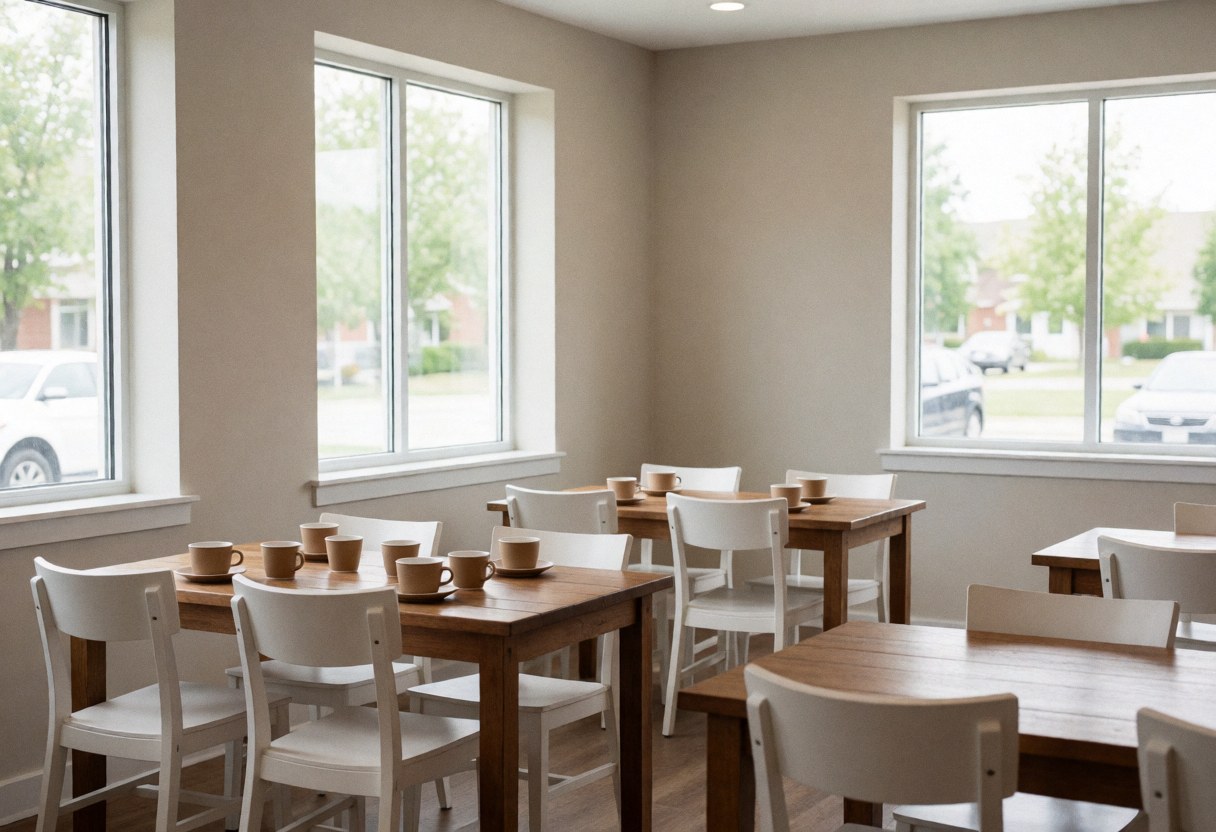 Bright coffee shop interior featuring wooden tables and white chairs, illuminated by natural light from windows, creating a clean and professional atmosphere.