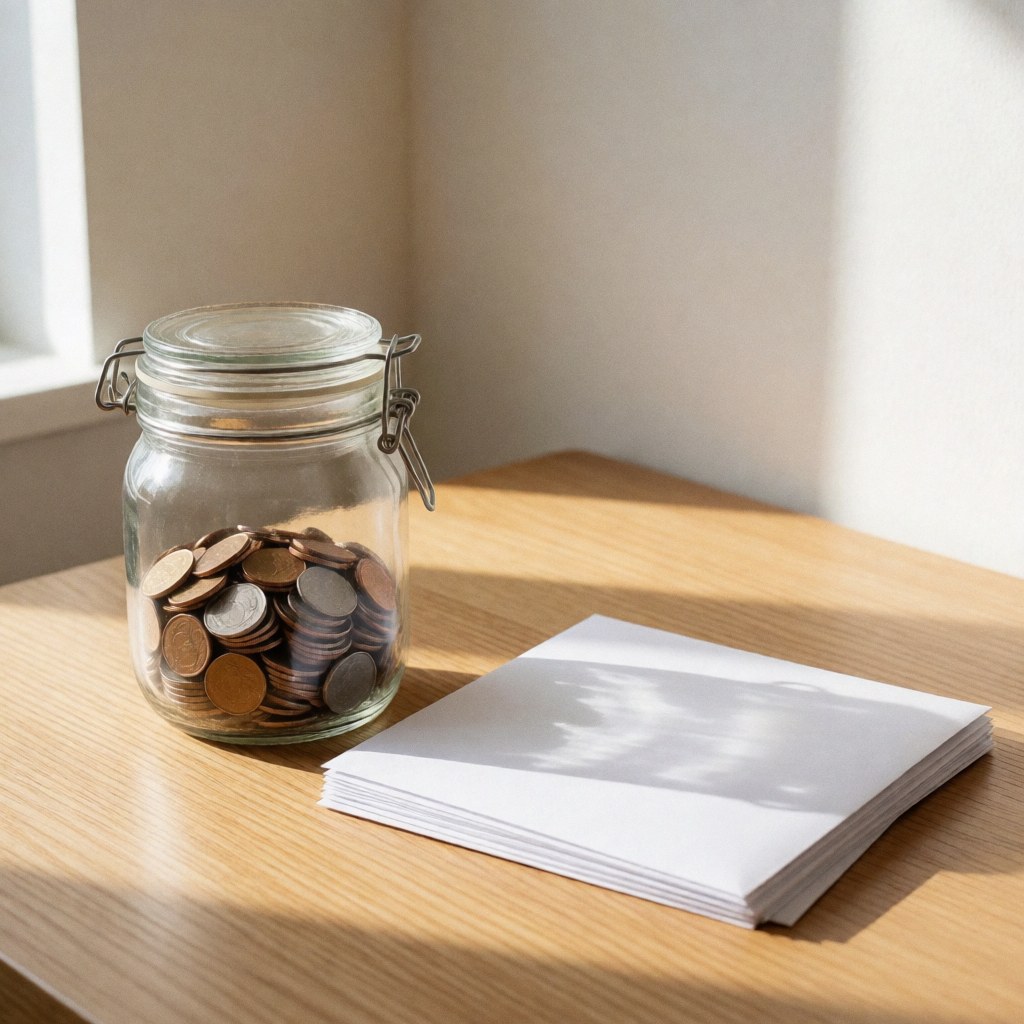 A glass jar filled with coins sits next to a stack of white envelopes on a wooden surface, illuminated by natural sunlight, symbolizing savings and insurance.