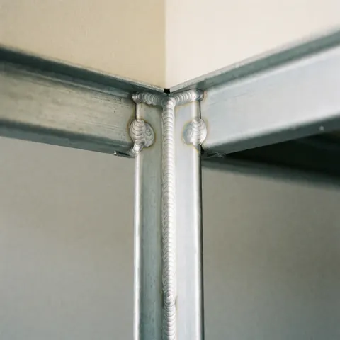 Close-up view of a welded steel corner joint showing the precision and strength of the metal structure used in industrial fabrication and engineering applications