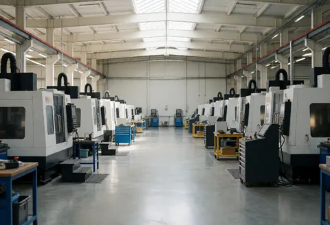 Spacious empty industrial factory floor with CNC machinery and natural lighting in a modern manufacturing facility