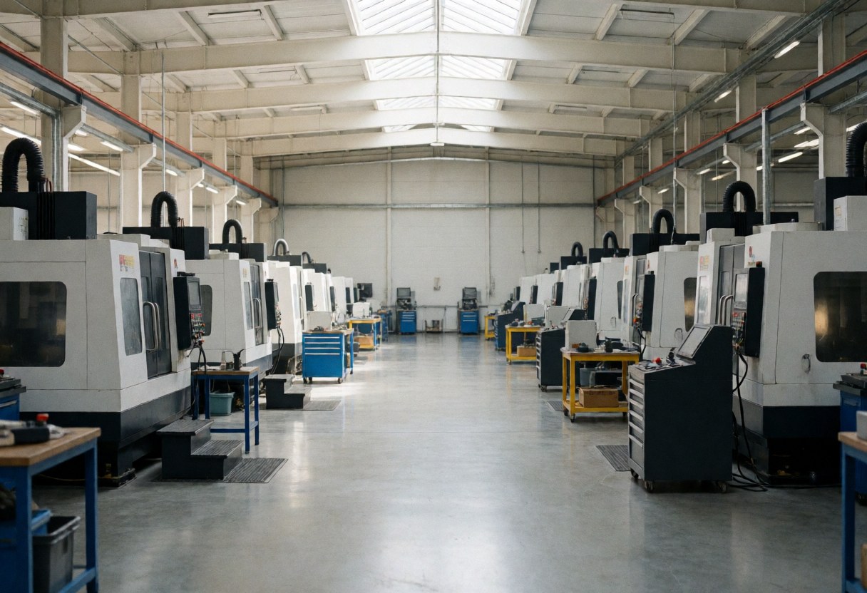 Spacious empty industrial factory floor with CNC machinery and natural lighting in a modern manufacturing facility