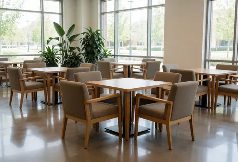 Spacious campus lounge featuring wooden tables, comfortable chairs, green plants, and large windows letting in natural light for studying or meetings.