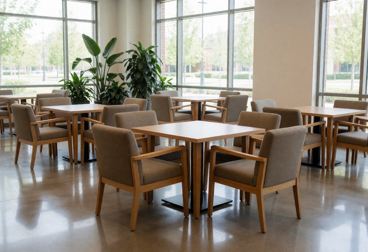 Spacious campus lounge featuring wooden tables, comfortable chairs, green plants, and large windows letting in natural light for studying or meetings.