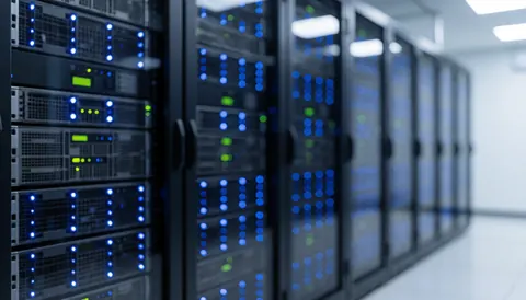 Blurred server rack with blue LED lights in a data center, suitable for technology and business text backgrounds