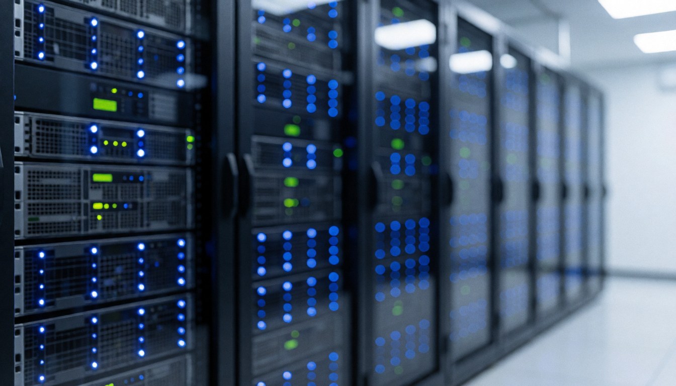 Blurred server rack with blue LED lights in a data center, suitable for technology and business text backgrounds