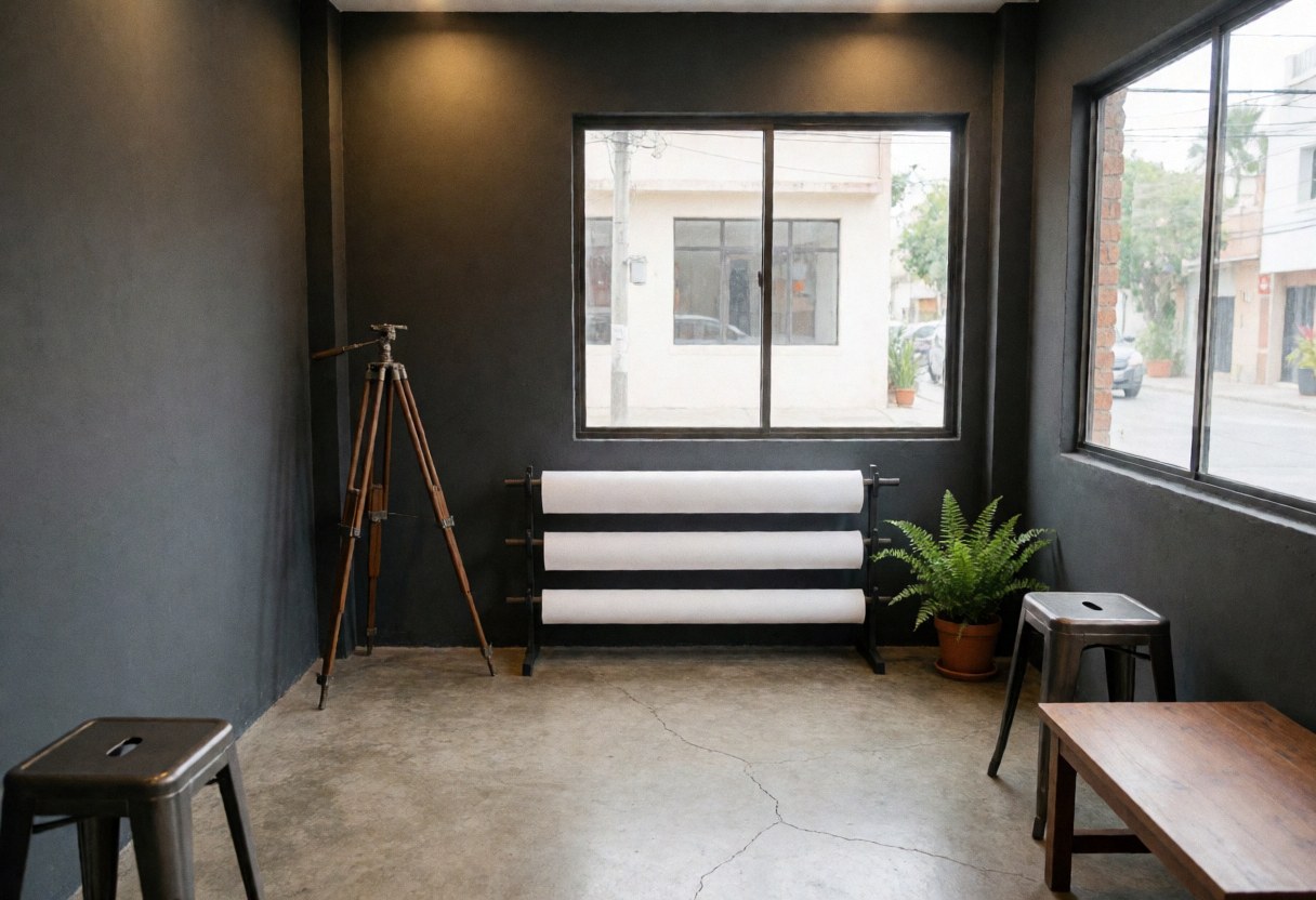 Empty photo studio featuring gray walls, concrete floor, a tripod, white paper rolls, a plant, and a wooden table.