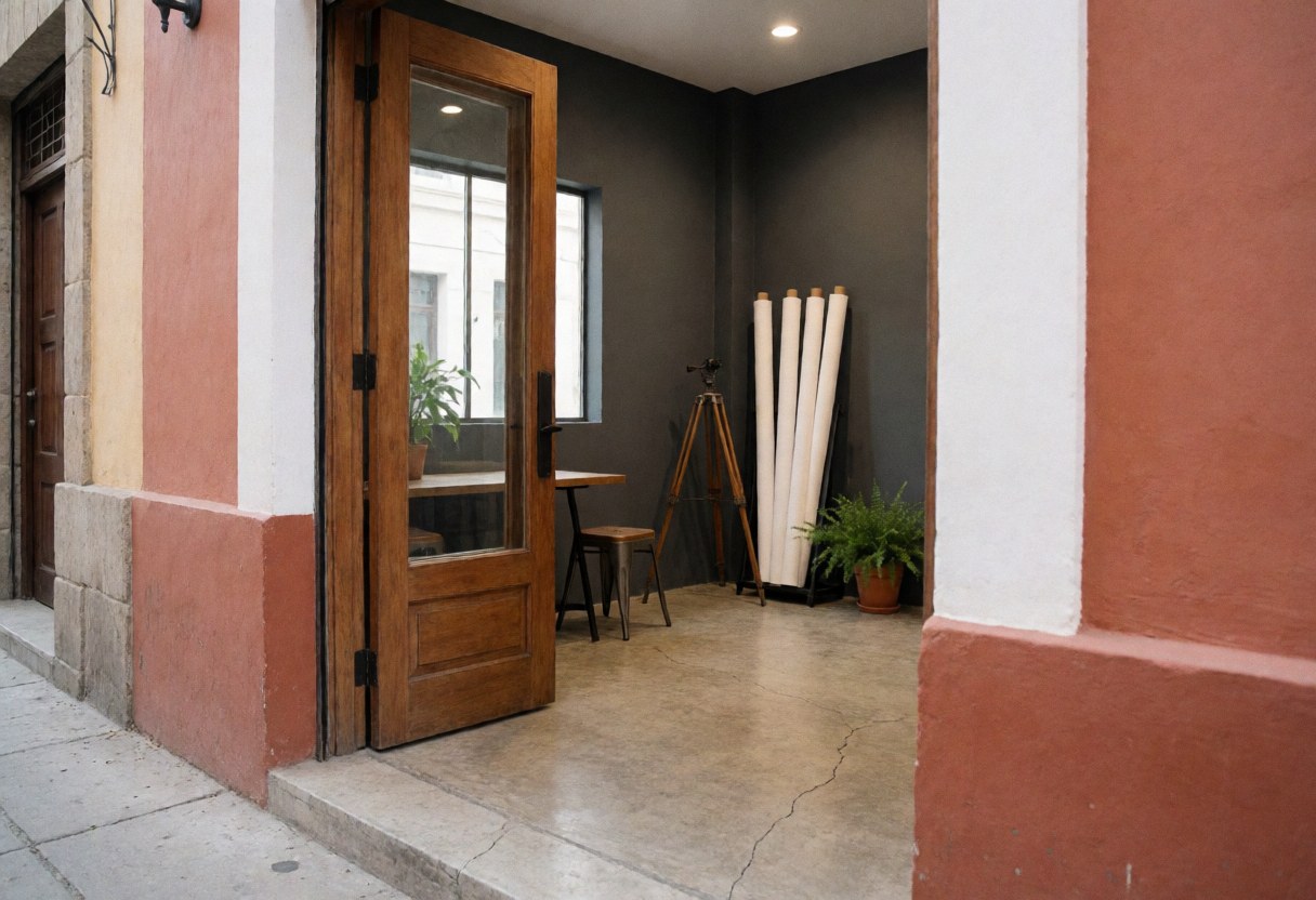 A welcoming studio entrance featuring a wooden door, gray wall, tripod, paper rolls, concrete floor, plant, table, armchair, window, natural light, and terracotta accents