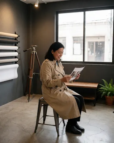 A smiling woman sits on a metal chair reviewing photographs on a low table in a professional photo studio with gray walls and concrete floors
