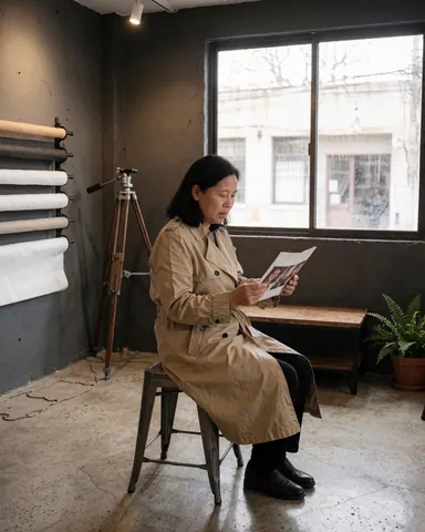 A smiling woman sits on a metal chair reviewing photographs on a low table in a professional photo studio with gray walls and concrete floors