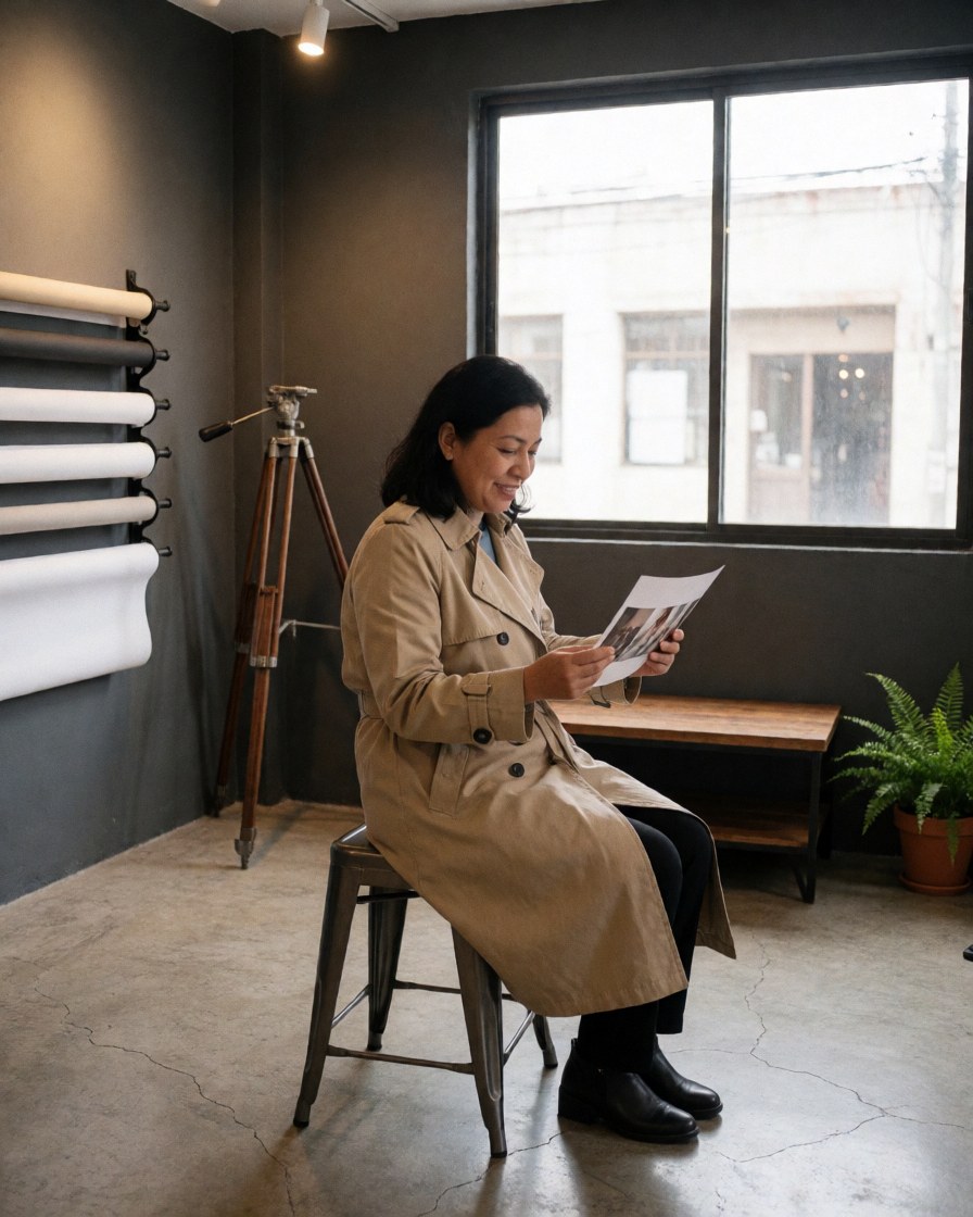 A smiling woman sits on a metal chair reviewing photographs on a low table in a professional photo studio with gray walls and concrete floors