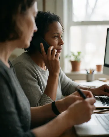Two women in an office, one speaking on a phone while the other takes notes on a computer near a window with natural light.