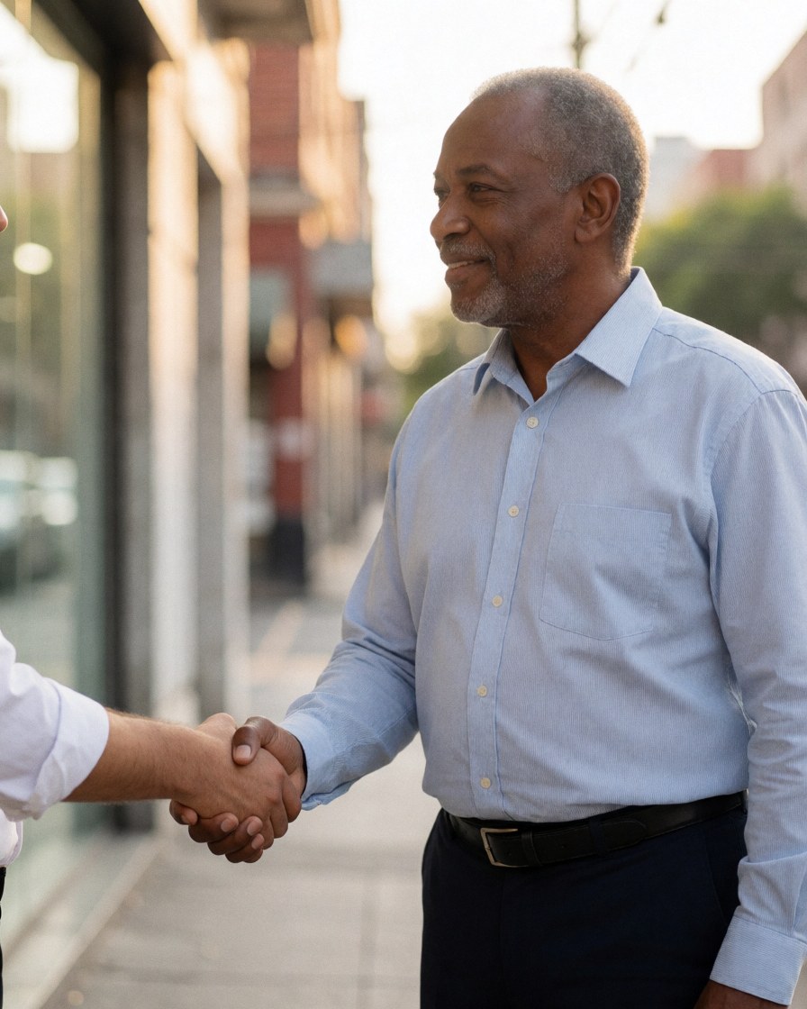 A smiling driving school graduate shakes hands with his instructor on a city street during sunset, celebrating the completion of his driving lessons.