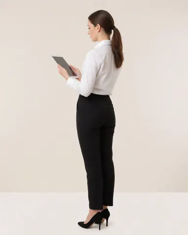 Standing professional woman in white blouse and black pants using a tablet in a clean minimalist office setting