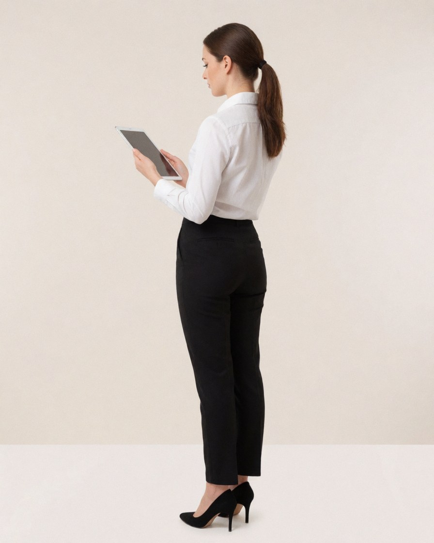 Standing professional woman in white blouse and black pants using a tablet in a clean minimalist office setting