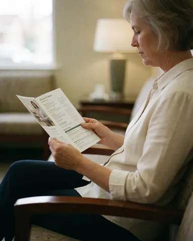 A woman sits on a wooden chair reading a brochure in a bright waiting room with natural light and a lamp in the background.