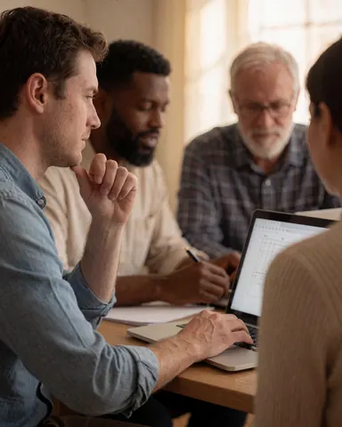 A happy customer reviews and approves a project on a laptop in a warm, professional office setting with natural light.