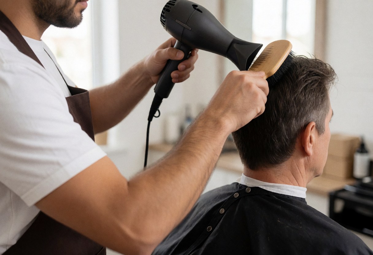 A barber uses a blow dryer and brush to style a client's hair in a barbershop with natural light and visible tools.