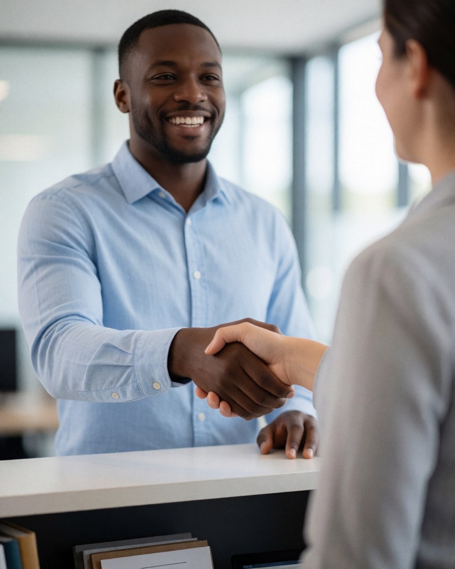 A smiling customer shaking hands with a receptionist at a front desk, showing satisfaction and professional greeting in a business setting.