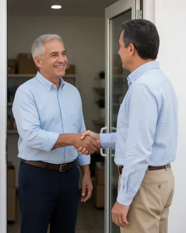 A smiling male client shaking hands with a professional photographer in a well-lit studio interior, expressing gratitude and satisfaction with the service provided