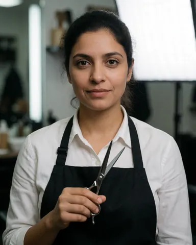 Professional female barber holding scissors with a confident look against a soft studio background, ideal for promoting hair salon services.