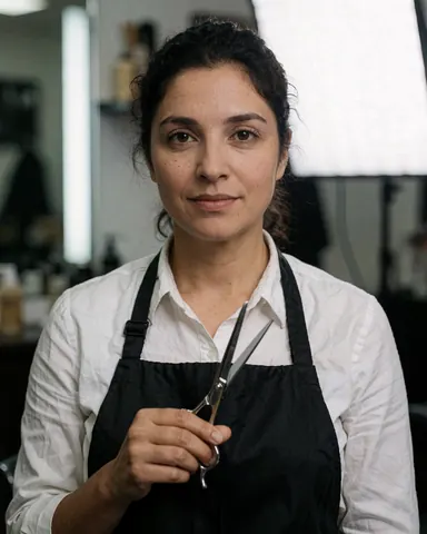 Professional female barber holding scissors with a confident look against a soft studio background, ideal for promoting hair salon services.