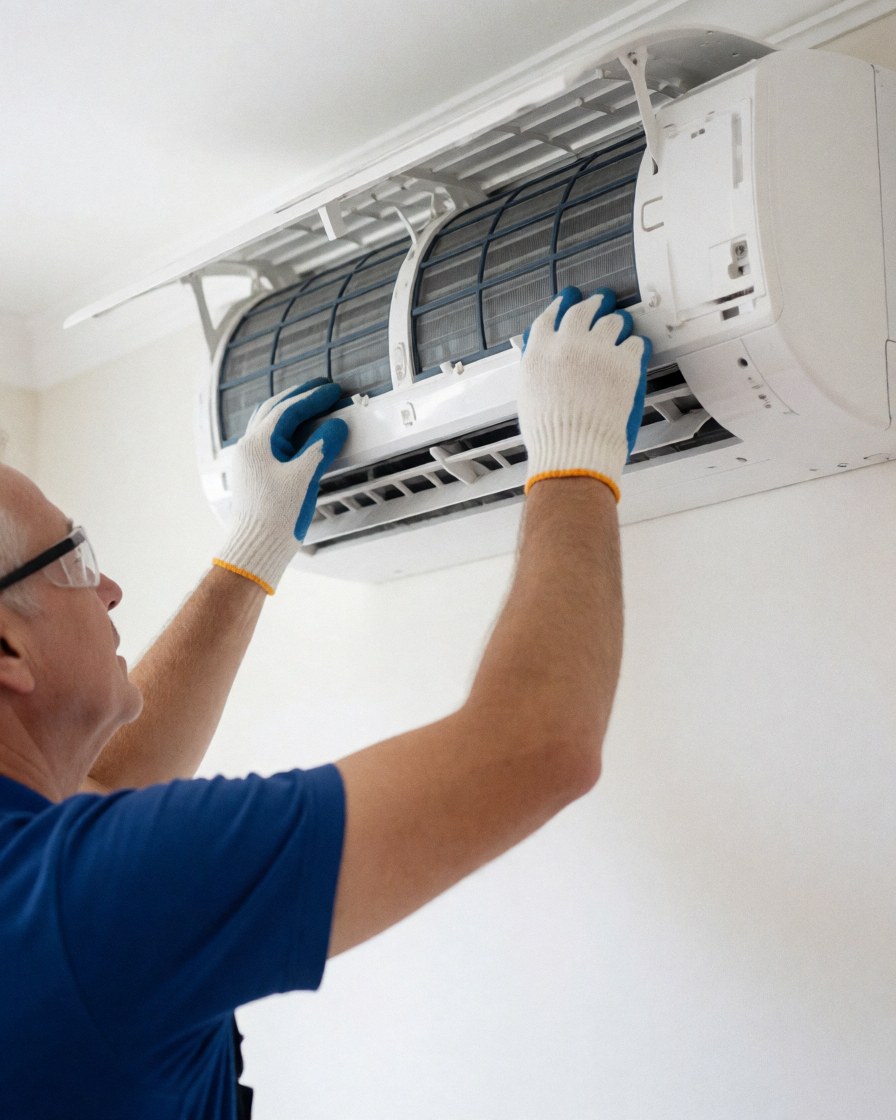 Technician wearing safety gear replacing a wall-mounted split system air conditioner filter in a clean, well-lit room.