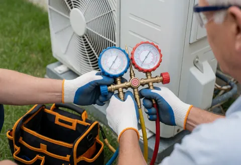 Technician wearing safety gear connects manometers to an outdoor air conditioning unit in a garden with an open tool bag nearby