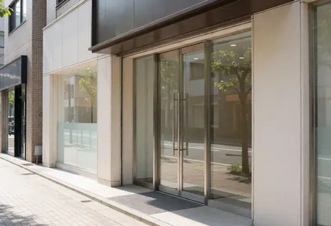Modern commercial building entrance featuring double glass doors, metal frames, and tree reflections on the sidewalk under natural daylight.