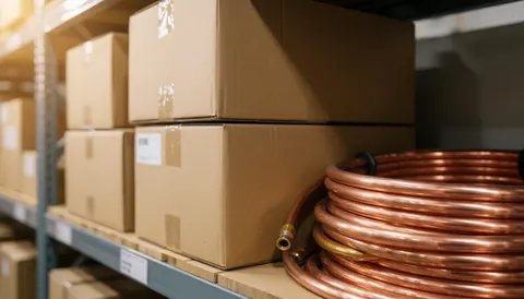 Industrial background featuring copper pipes and cardboard boxes on warehouse shelves, suitable for commercial text and air conditioning service advertising.