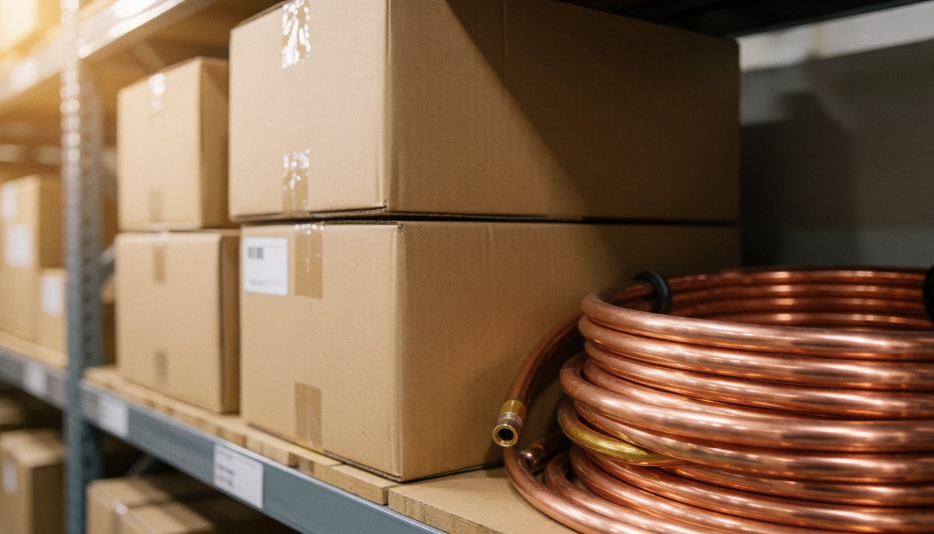 Industrial background featuring copper pipes and cardboard boxes on warehouse shelves, suitable for commercial text and air conditioning service advertising.
