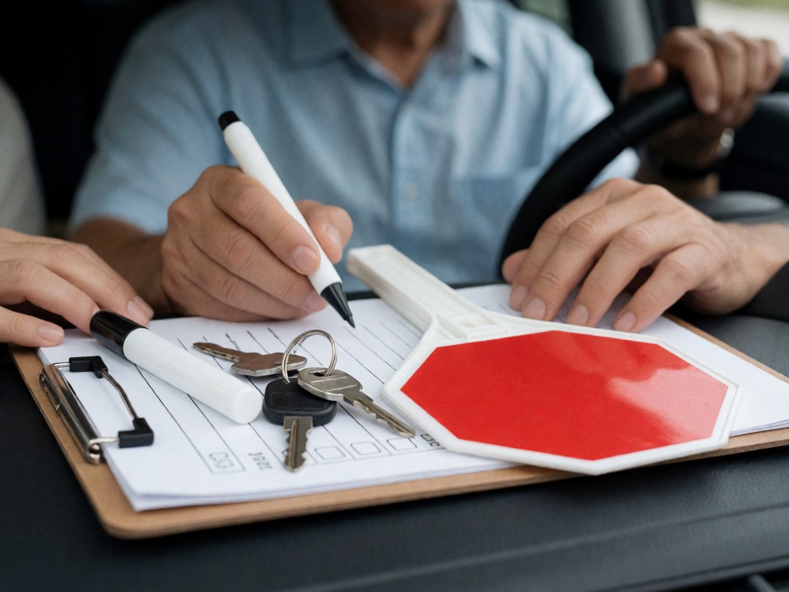 A collection of driving school teaching aids including keys, a stop sign, and documents arranged on a dashboard for driver education.