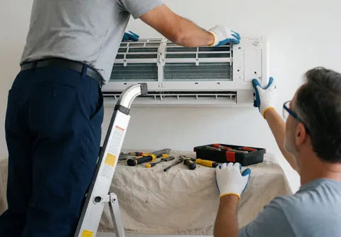 Two technicians install an indoor air conditioning unit on a white wall with tools on a cloth, wearing safety gloves and glasses under bright lighting.