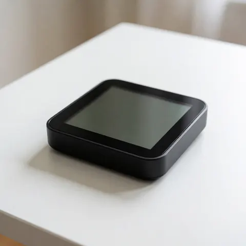 A sleek black and white smart thermostat device sitting on a clean white surface with soft lighting and shadows, showcasing modern home climate control technology.
