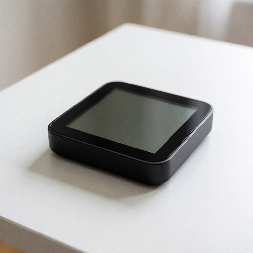 A sleek black and white smart thermostat device sitting on a clean white surface with soft lighting and shadows, showcasing modern home climate control technology.