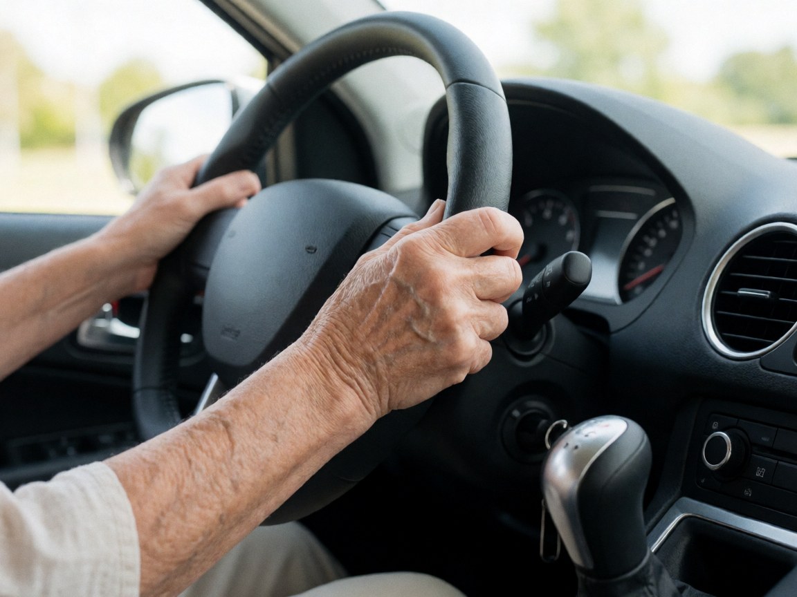Close-up of senior hands gripping the steering wheel of a driving school car with a manual transmission, captured in natural light.