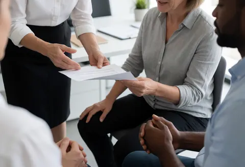 A consultant hands a document to a seated client in a modern office while another client watches closely during a professional business meeting.