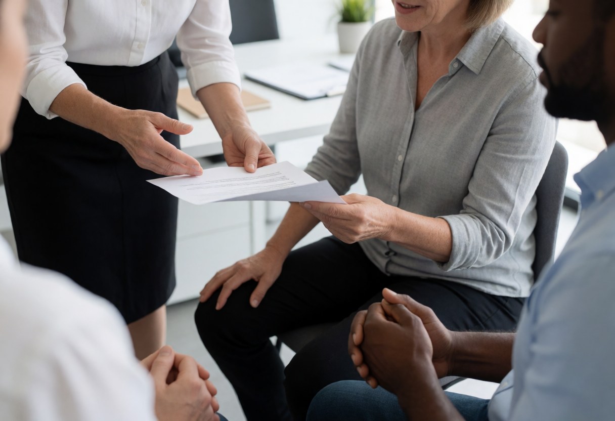 A consultant hands a document to a seated client in a modern office while another client watches closely during a professional business meeting.