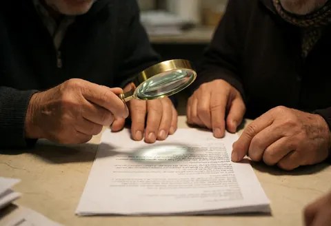 Two people examine a contract document using a magnifying glass on a table with warm professional lighting.