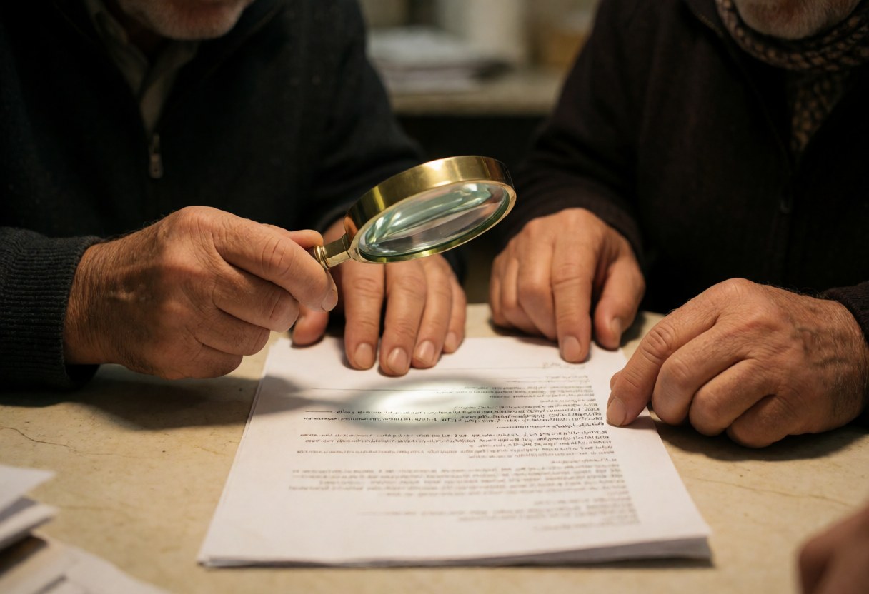 Two people examine a contract document using a magnifying glass on a table with warm professional lighting.