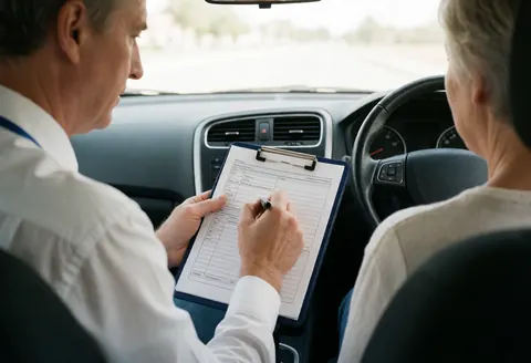Back view of a driving examiner filling out paperwork inside a vehicle during the day, showing a professional and realistic service in action scene